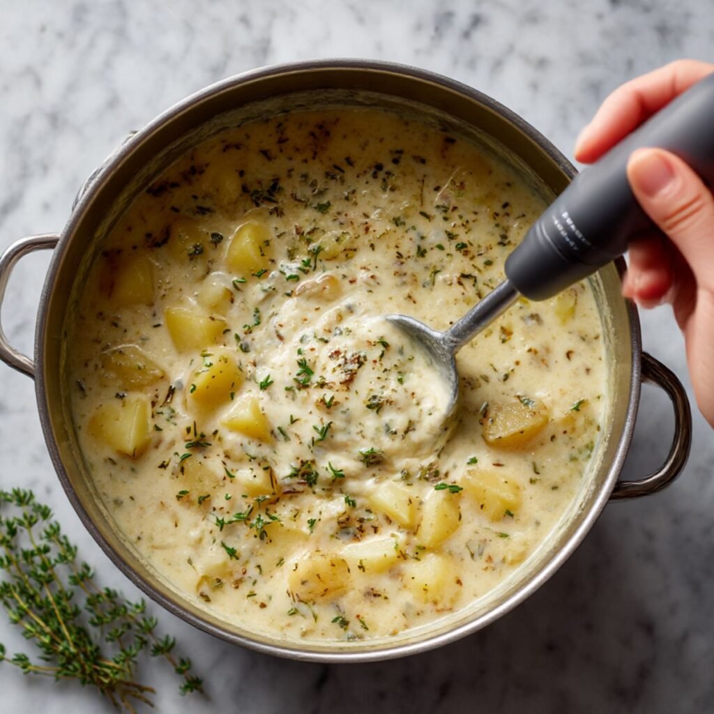Using an immersion blender to partially blend hot potato soup in a pot to create a creamy texture while retaining some potato chunks.