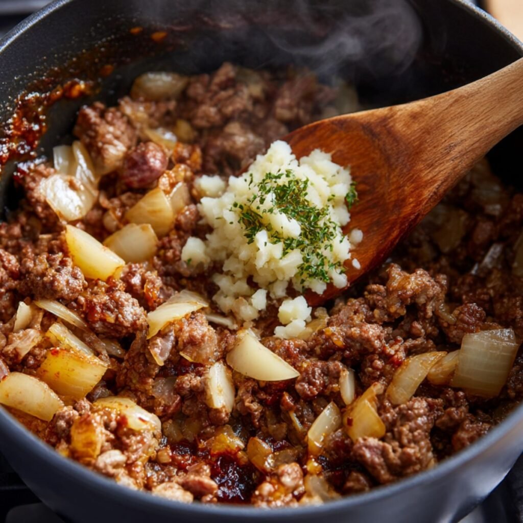 A large pot containing browned ground beef and Italian sausage mixed with sautéed onions and fresh minced garlic.