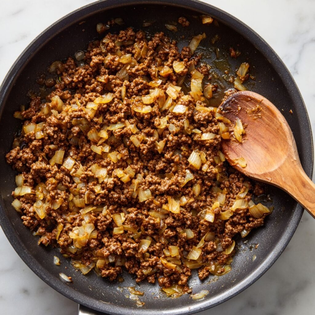 Browned ground beef and onions cooking in a large skillet on a marble counter.