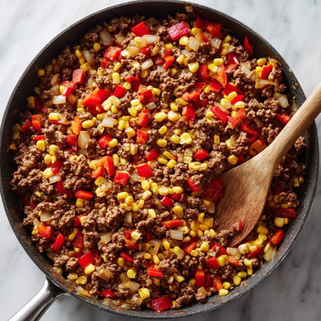 Ground beef cooking with peppers and corn in a skillet on a marble counter.