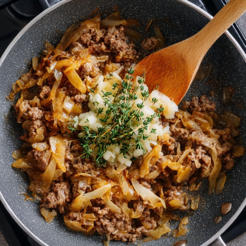 A cast iron skillet on a stovetop showing partially browned ground beef mixed with deeply caramelized onions, topped with a pile of minced garlic and fresh thyme sprigs, with a wooden spoon resting in the pan.