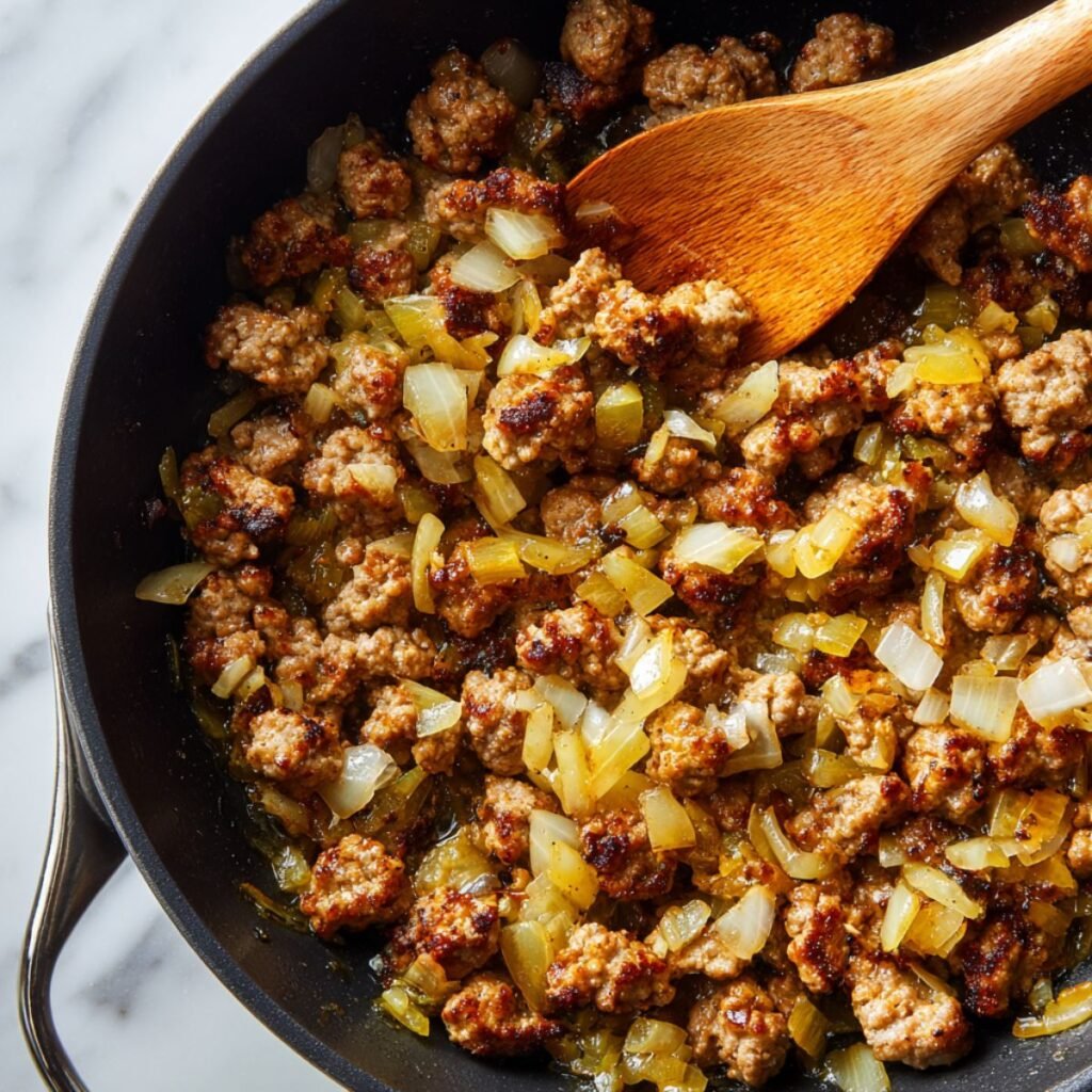 Browned Italian sausage and onions cooking in a large pot on a marble counter.