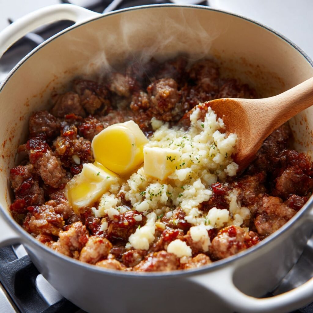 Crumbled Italian sausage browning in a Dutch oven with melting butter and minced garlic.