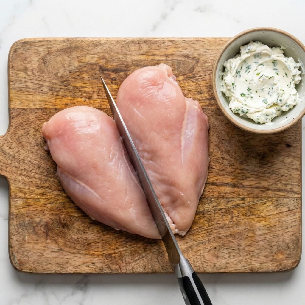 Raw chicken breast being butterflied on a cutting board next to cream cheese filling.