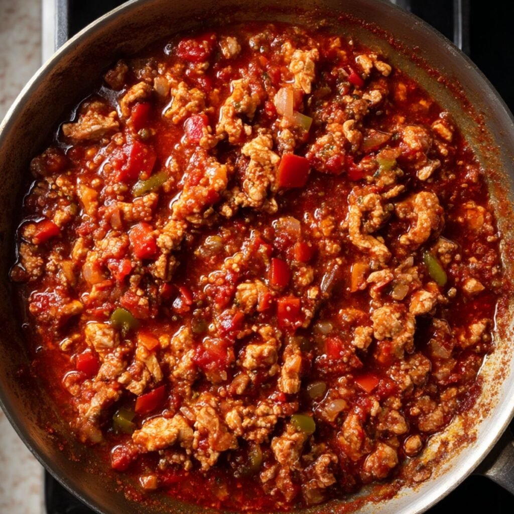 Cajun chicken sloppy joes simmering in skillet before serving.