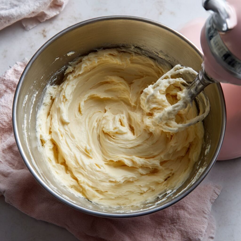 Cream cheese and sugar being mixed for caramel brownie cheesecake filling.
