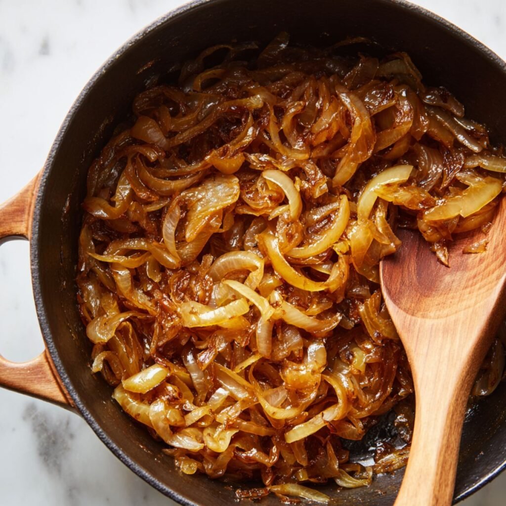 A Dutch oven filled with deep golden brown caramelized onions on a marble counter.