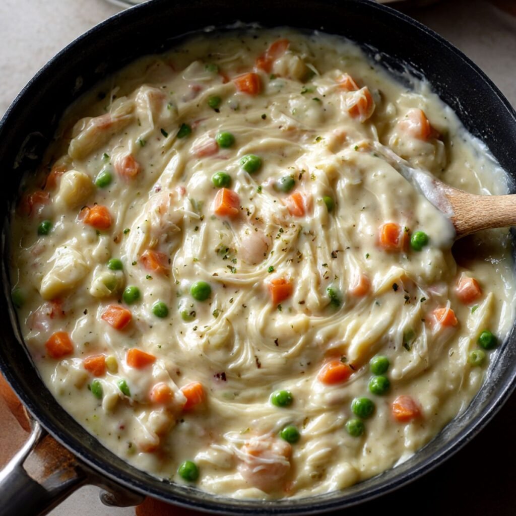 Creamy seafood filling being stirred for cheddar bay biscuit seafood pot pie.