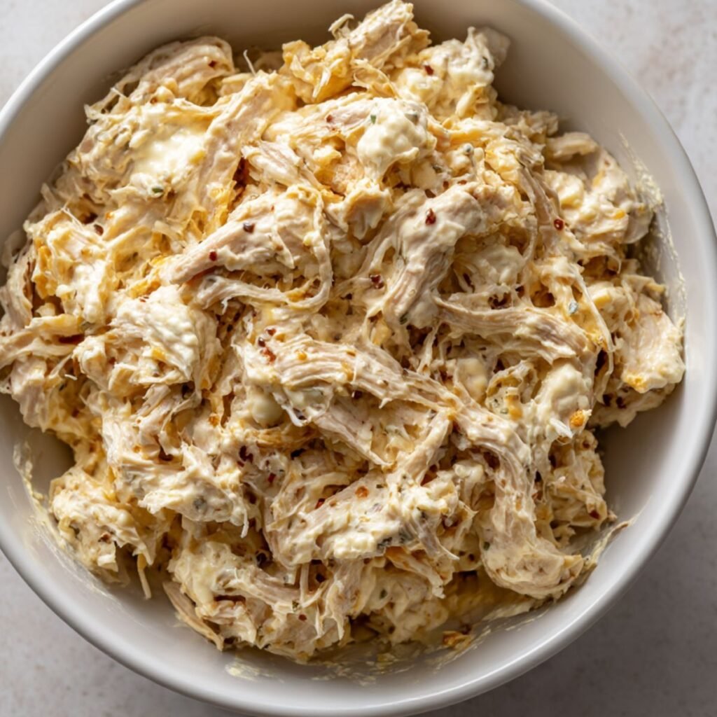 Creamy garlic chicken filling mixed in a bowl for cheesy chicken wraps.