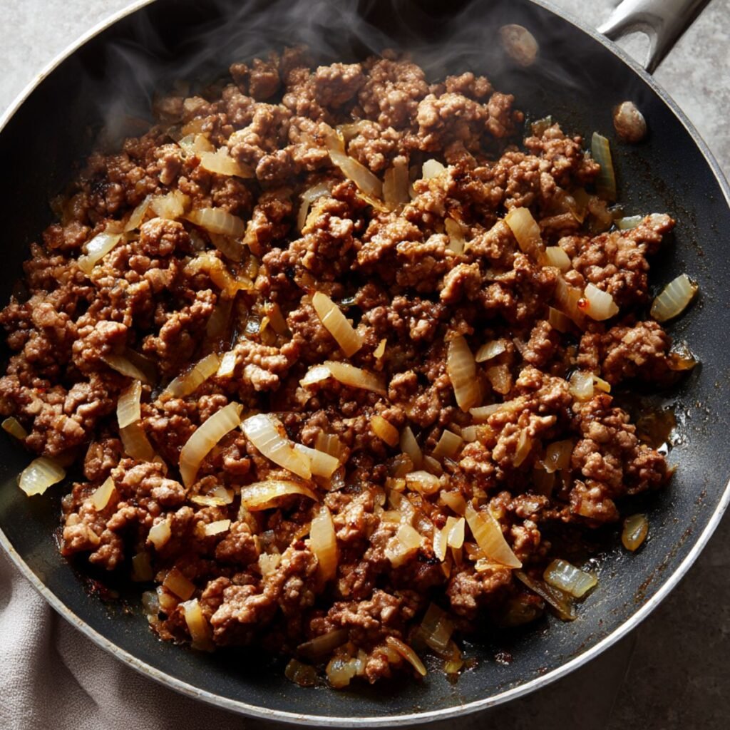 Ground beef and onions browning in a skillet for cheesy taco sticks filling.