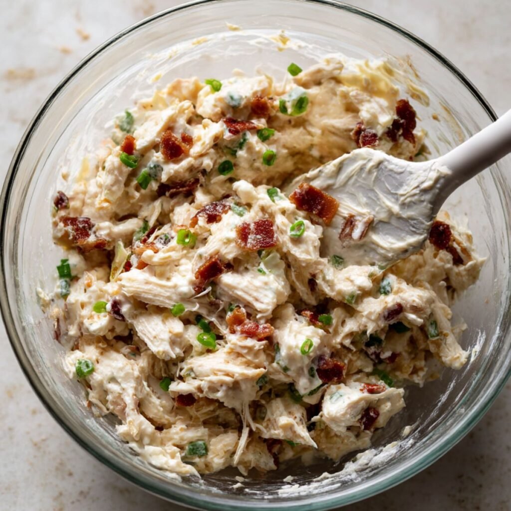 Chicken bacon ranch quesadilla filling mixed with shredded chicken, crispy bacon, cream cheese, and ranch dressing before assembling