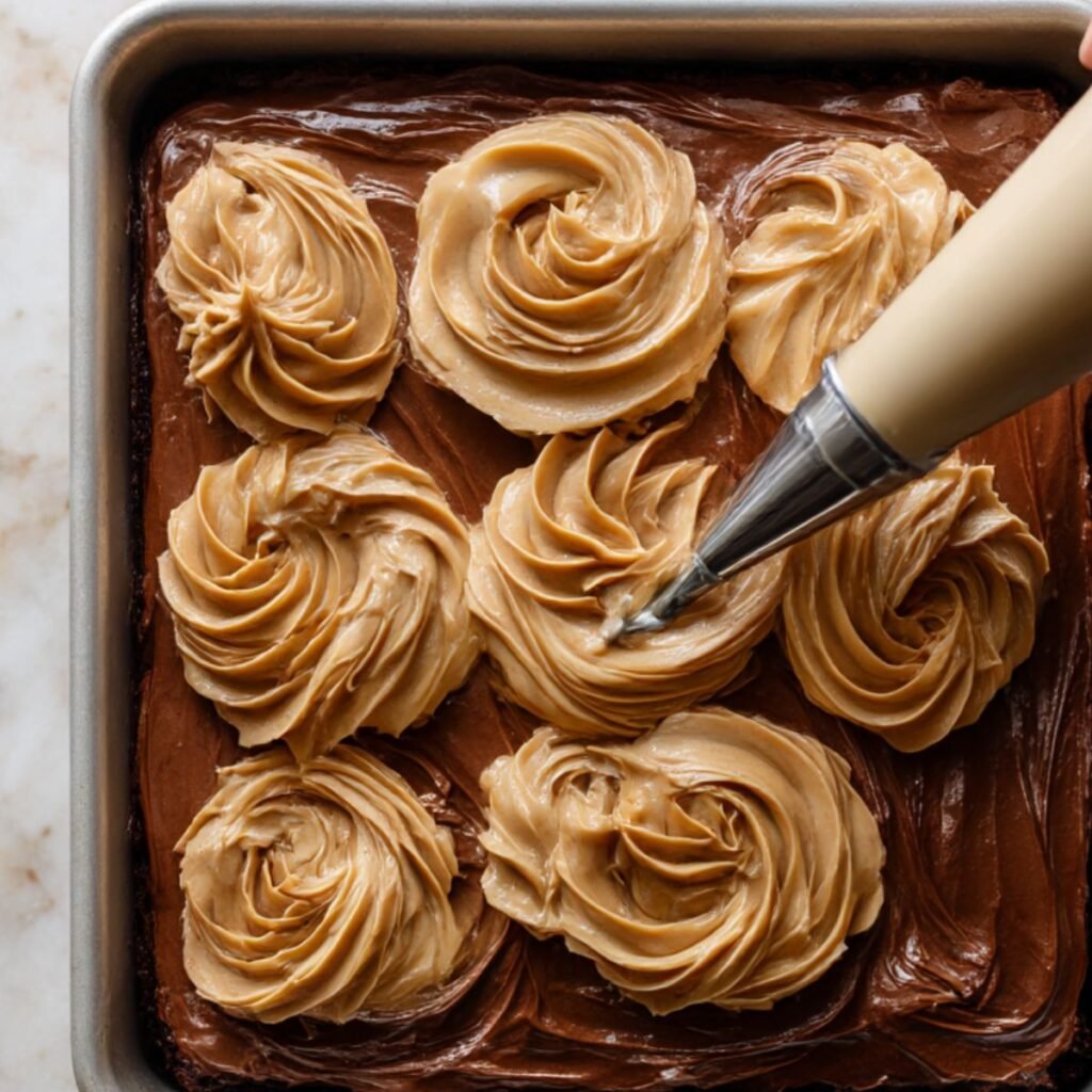 Peanut butter frosting being piped onto a chocolate peanut butter poke cake.