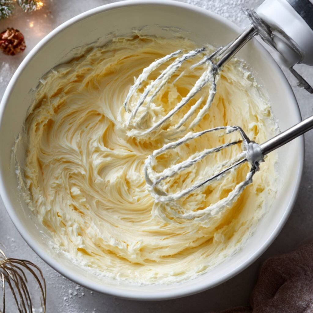 Cream cheese and butter being whipped into a smooth base for Christmas cookie dip in a mixing bowl.
