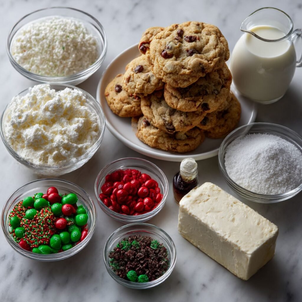 Fresh ingredients for Christmas cookie lasagna including chocolate chip cookies, cream cheese, whipped topping, milk, and festive sprinkles arranged on a white marble surface.