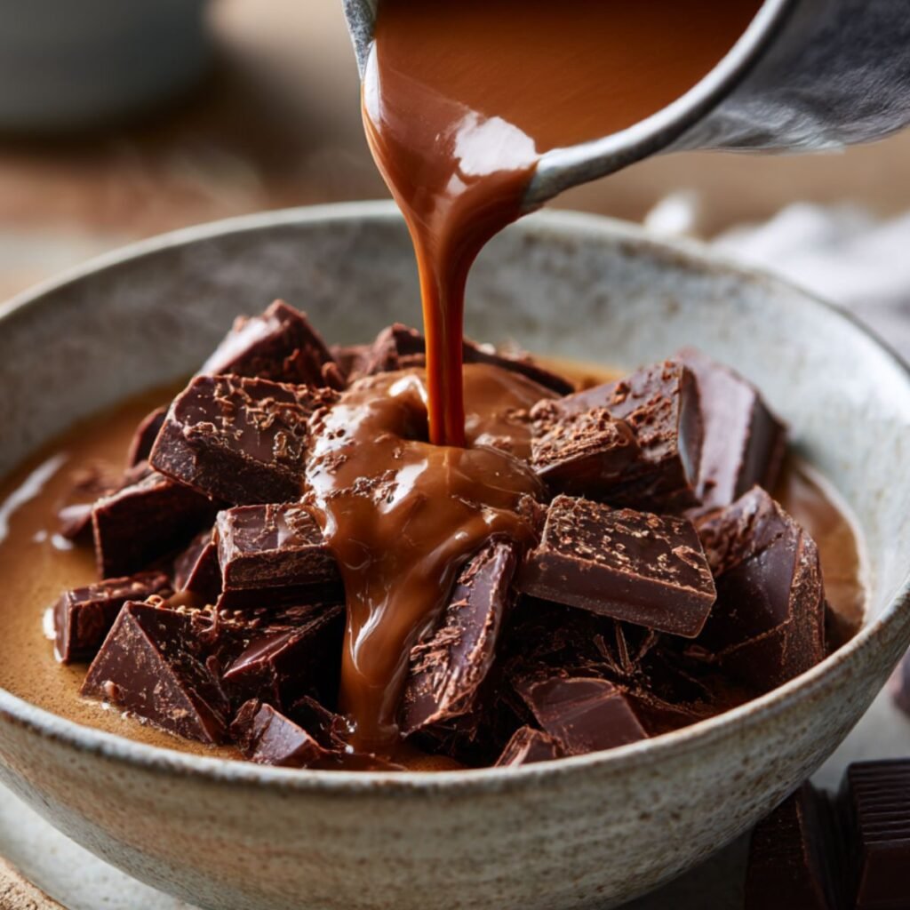 Pouring hot coffee cream over chopped dark chocolate to make coffee truffle ganache.