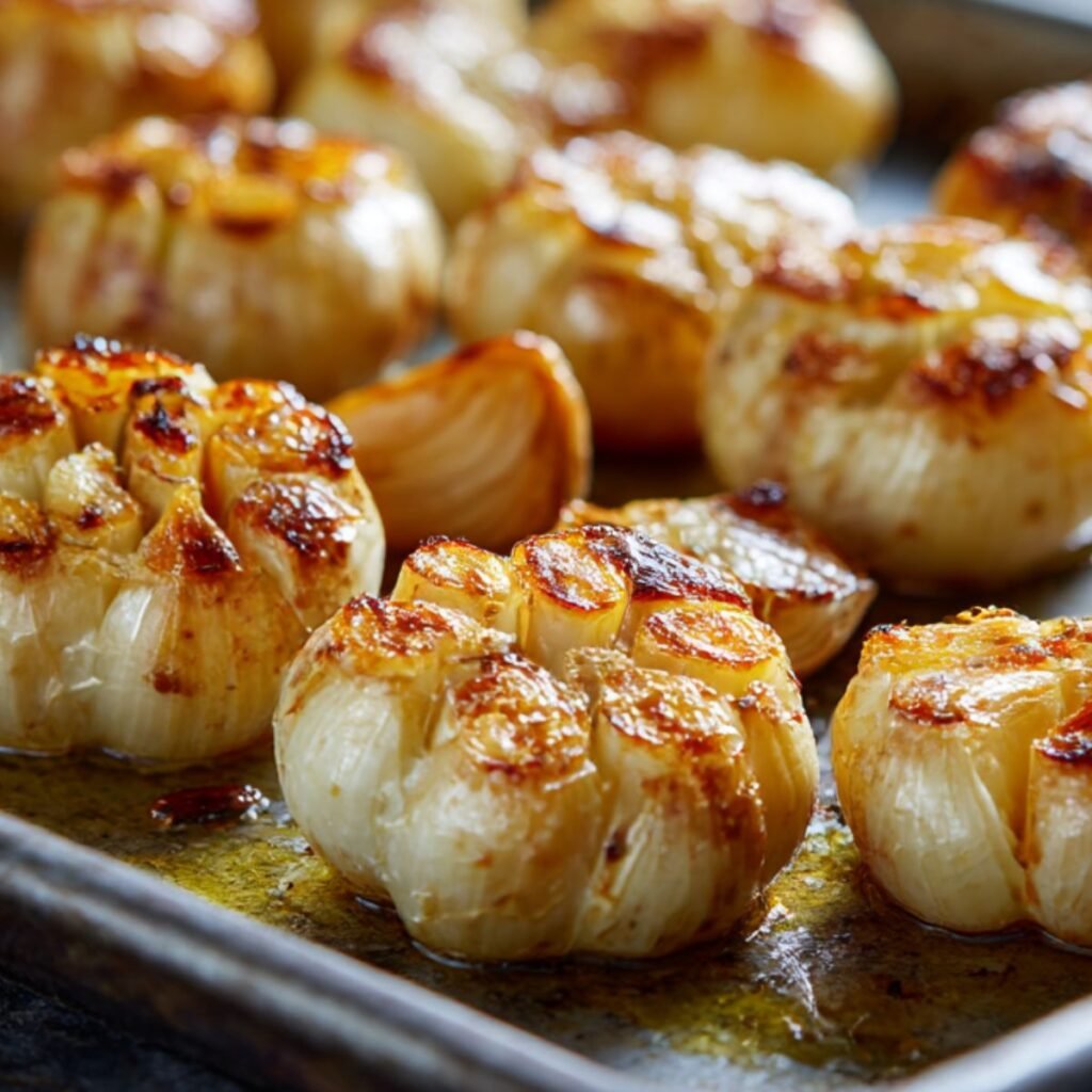 Roasting whole garlic cloves in olive oil until soft and golden for country French garlic soup.
