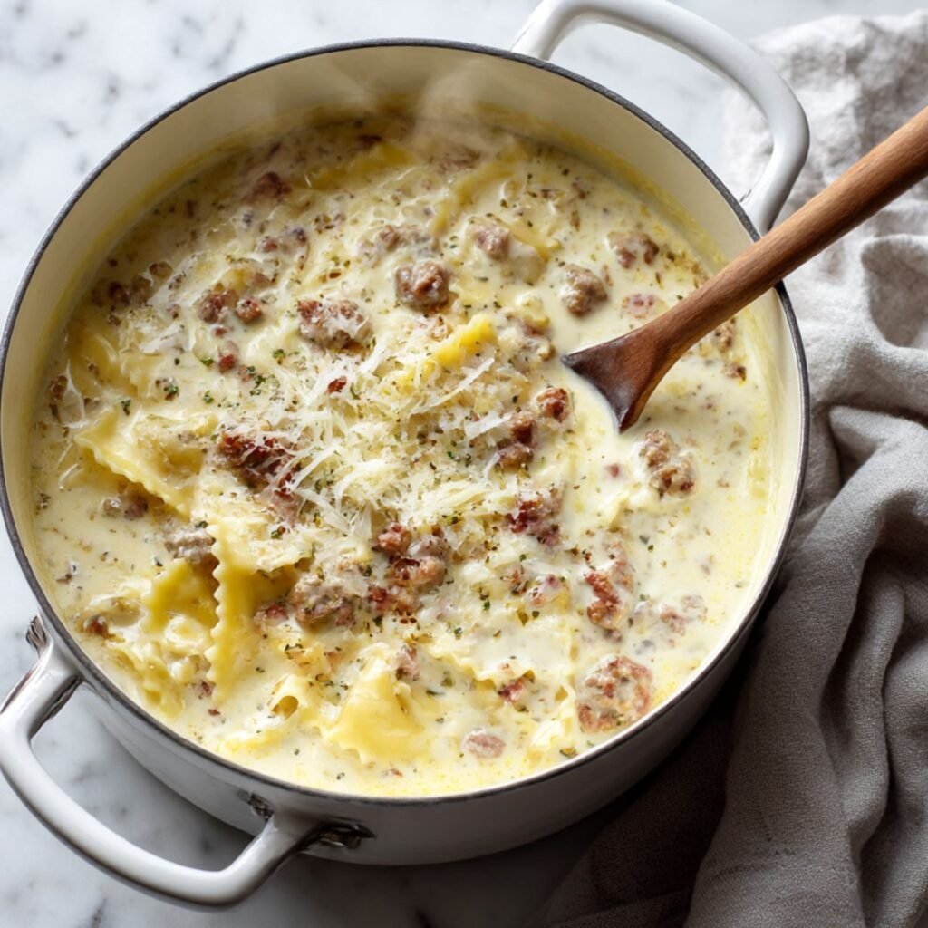 Creamy Alfredo lasagna soup with sausage and noodles simmering into a smooth white sauce.
