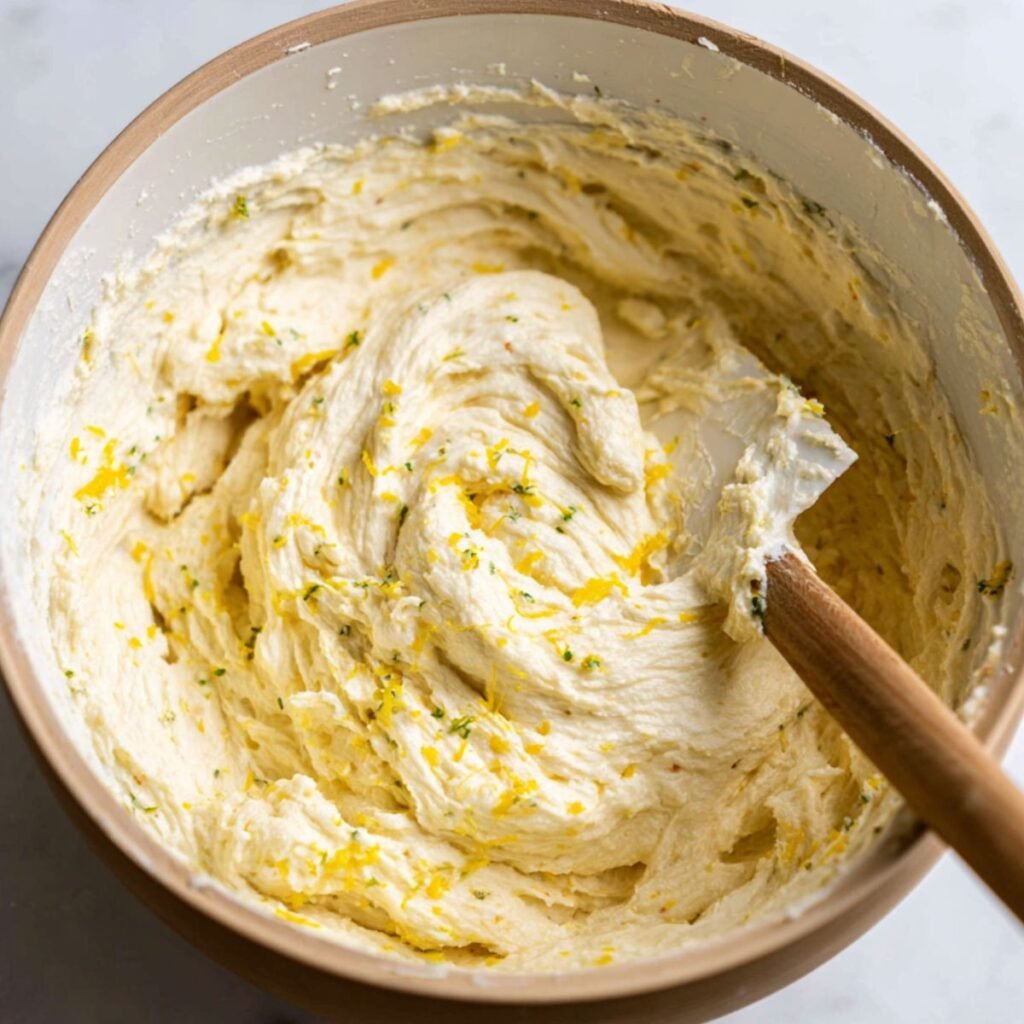Fluffy lemon cake batter with visible zest in a mixing bowl.