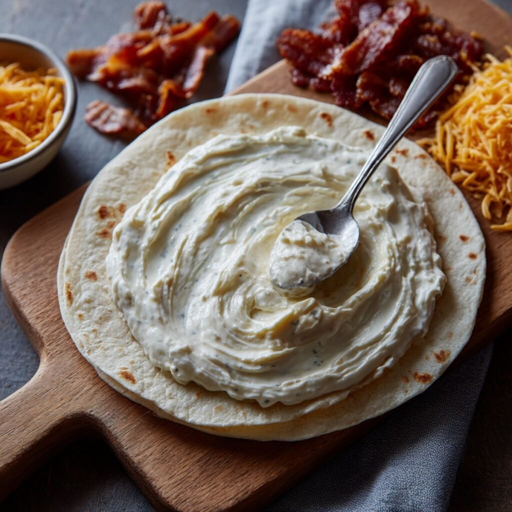 Ranch dressing spread on tortilla for crispy chicken bacon ranch wrap base.