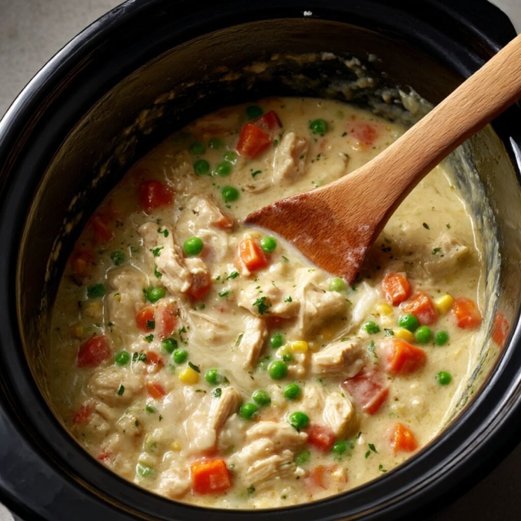 Cornstarch slurry being stirred into creamy crock pot chicken pot pie filling.