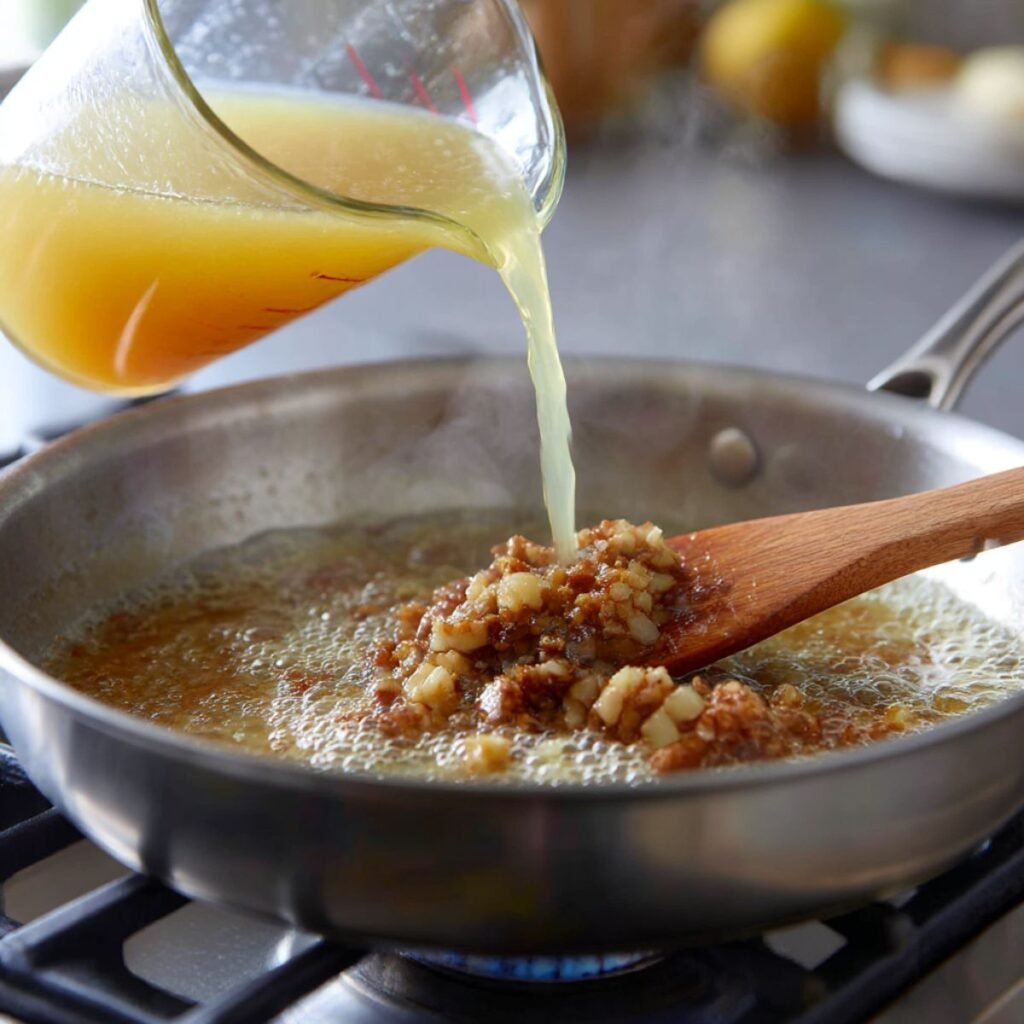 A wooden spoon scrapes up flavorful browned bits from a stainless steel skillet as chicken broth and lemon juice are poured in to deglaze the pan for the sauce.