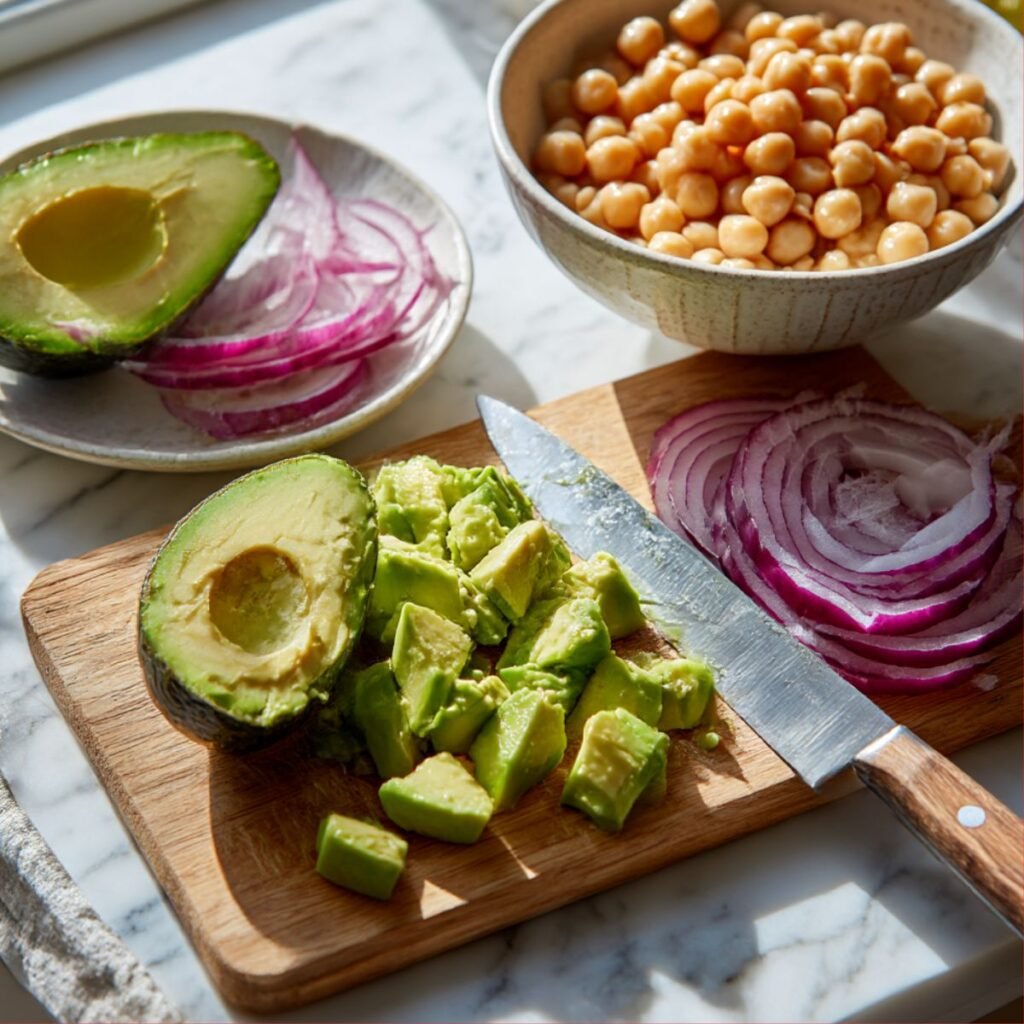 Fresh avocado being diced into cubes on a wooden cutting board next to sliced red onions and chickpeas on a white marble counter.