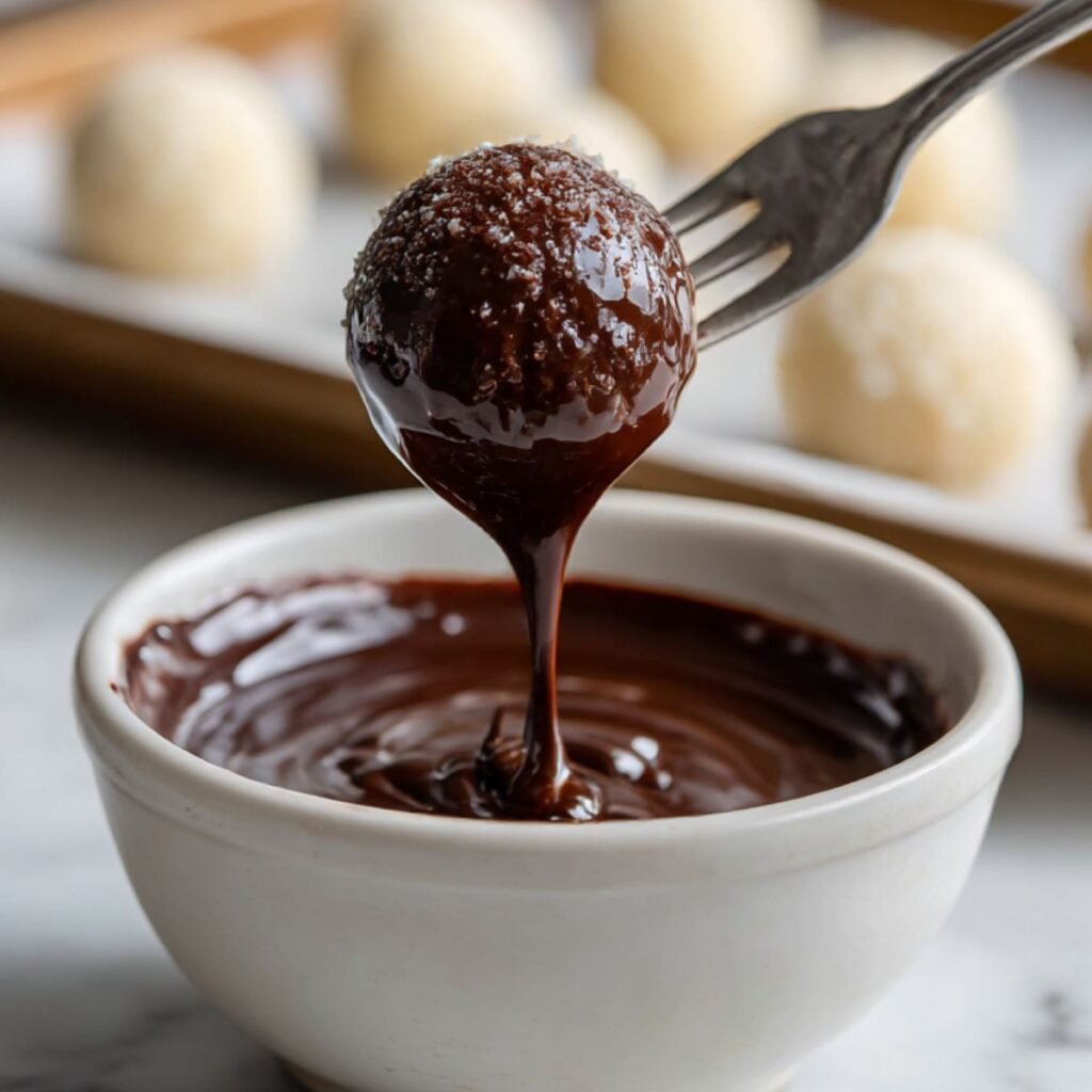 Lifting a truffle coated in dark chocolate out of a bowl using a fork, with frozen white ganache balls visible in the background.