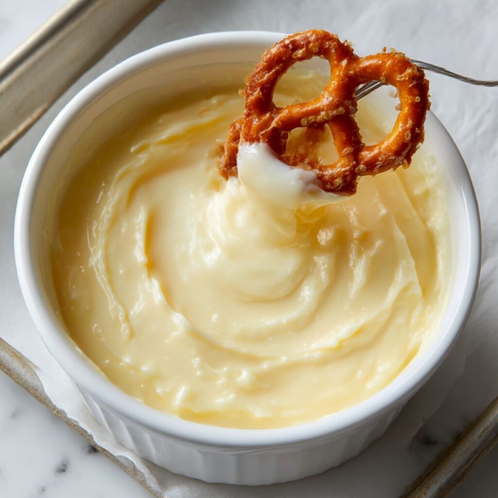 A metal fork lifting a pretzel crisp dipped in melted white chocolate over a bowl on a marble counter during holiday baking.
