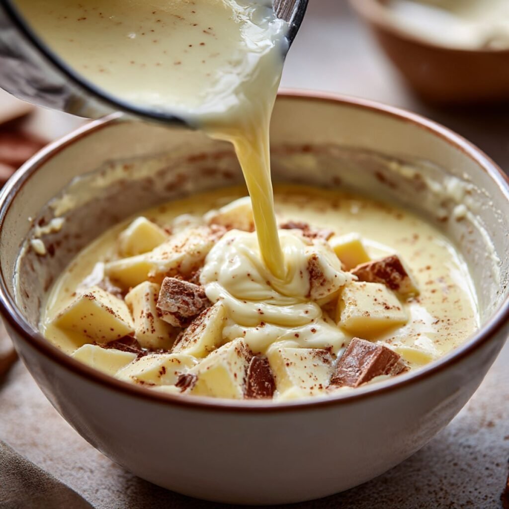 Pouring hot cream over white chocolate and eggnog to make eggnog truffle ganache.