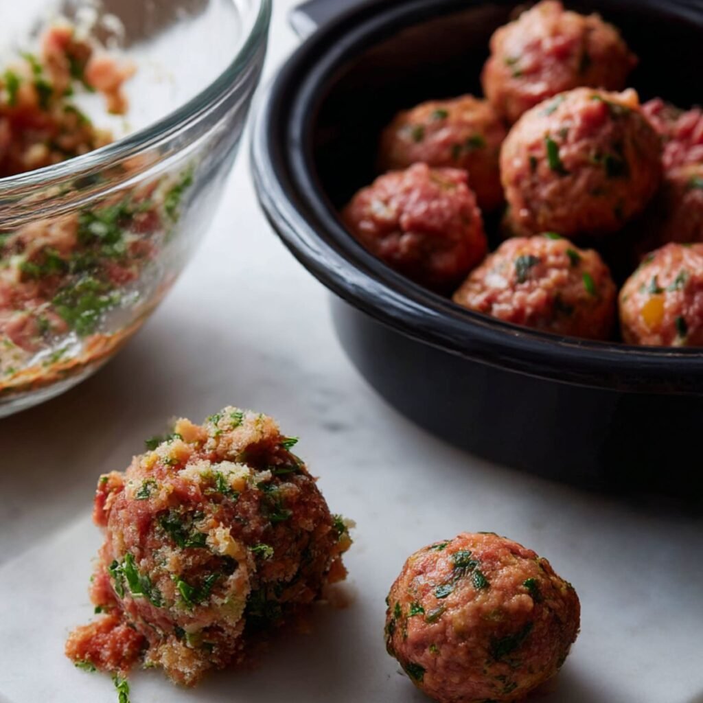 Rolling savory ground beef and breadcrumb mixture into meatballs and placing them into a slow cooker.