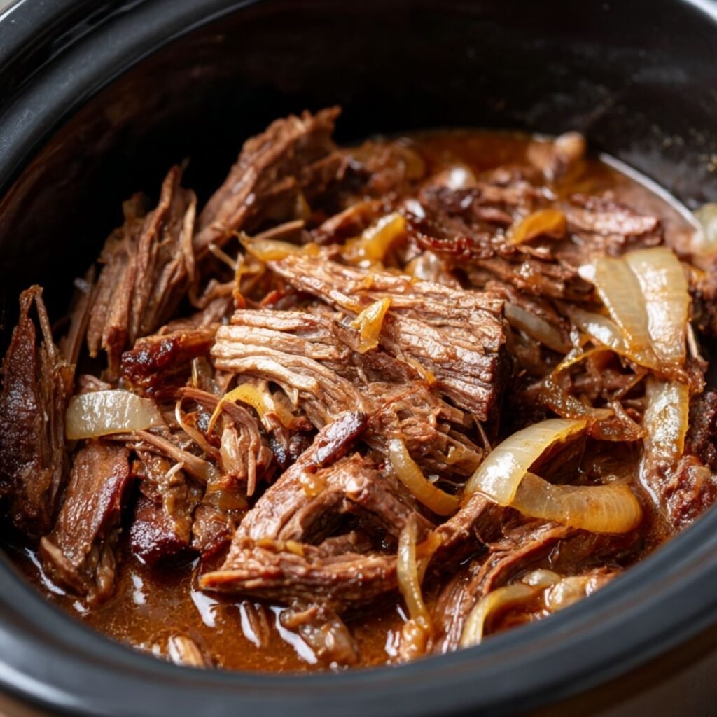 Tender shredded beef in a slow cooker surrounded by rich au jus and caramelized onions, showing fall-apart texture for crock pot French dip sandwiches.