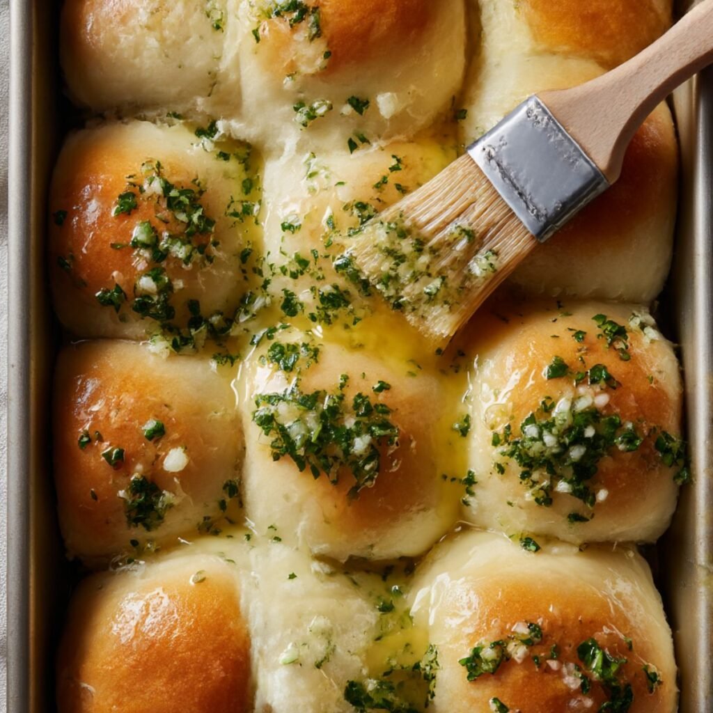 Brushing melted garlic butter over soft homemade garlic bread rolls before baking in a family kitchen.
