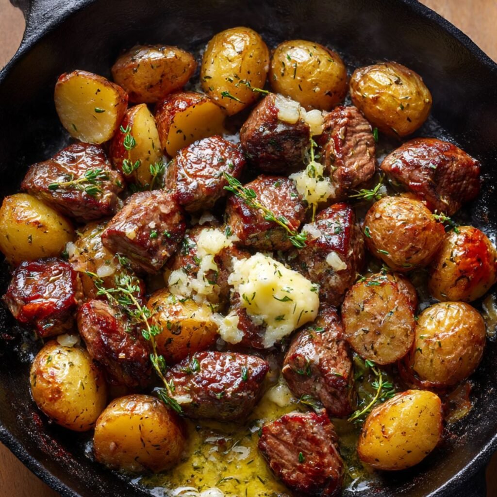 Garlic butter steak bites and potatoes tossed with fresh thyme in a cast iron skillet.