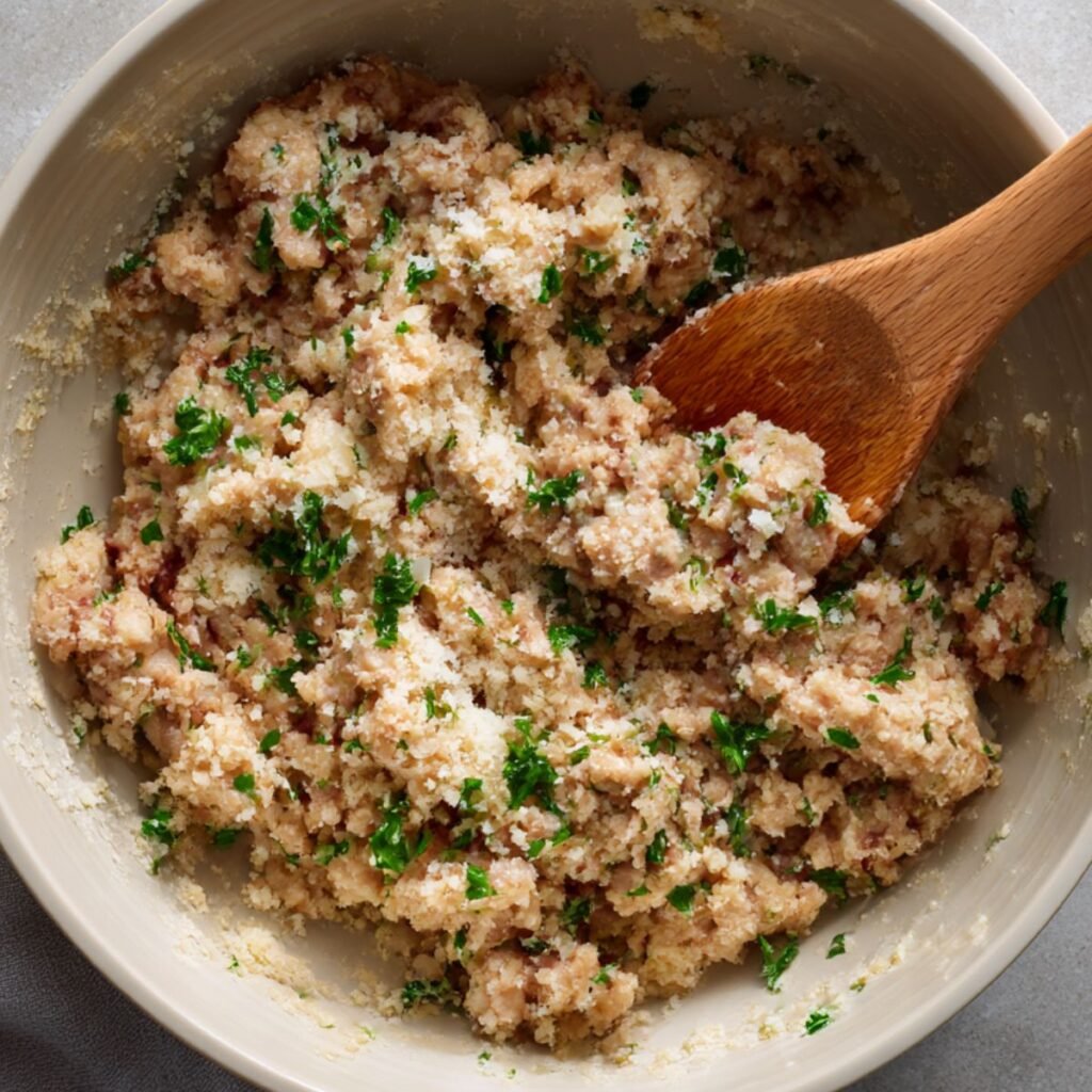 Mixing garlic parmesan chicken meatloaf ingredients in a bowl.