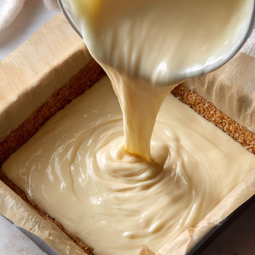 Pouring creamy cheesecake filling into a square parchment-lined pan over gingerbread crust for gingerbread cheesecake bars.