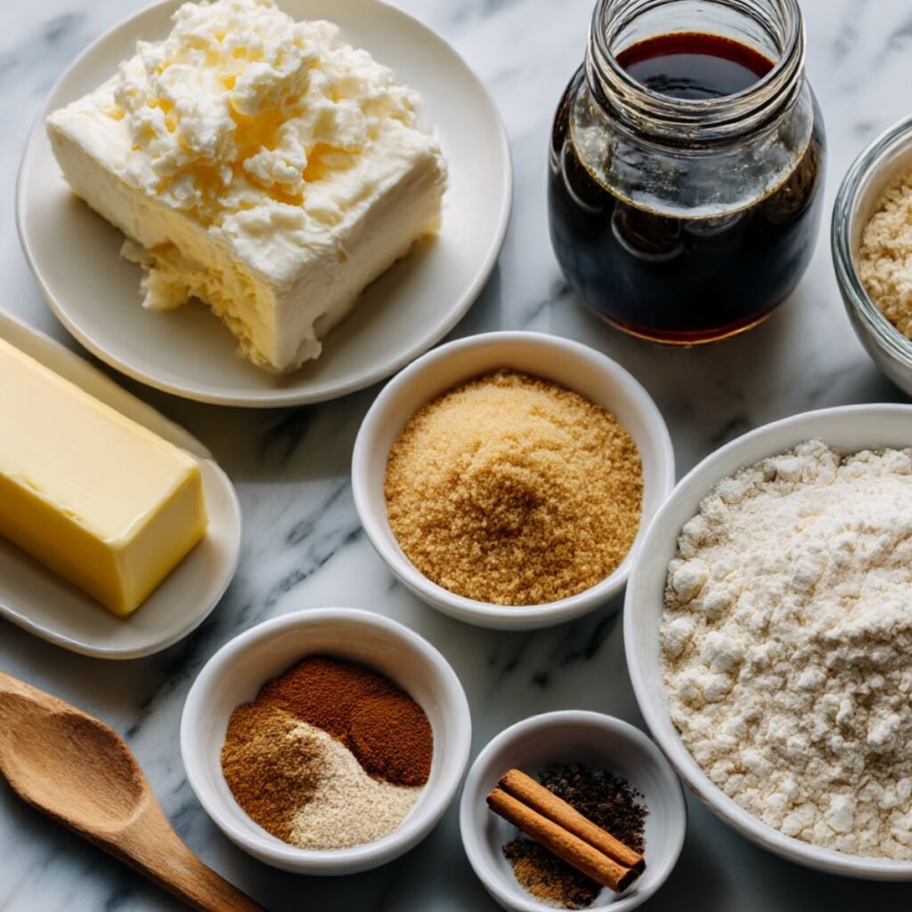 Fresh ingredients for gingerbread cheesecake cookies including molasses, spices, cream cheese, and brown sugar on a white marble surface.