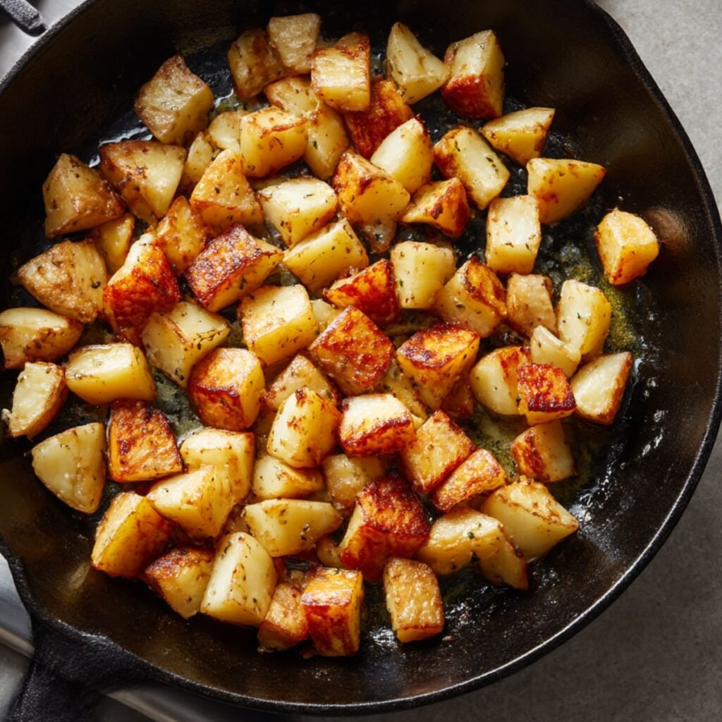 Diced potatoes browning in a cast iron skillet before adding ground beef.