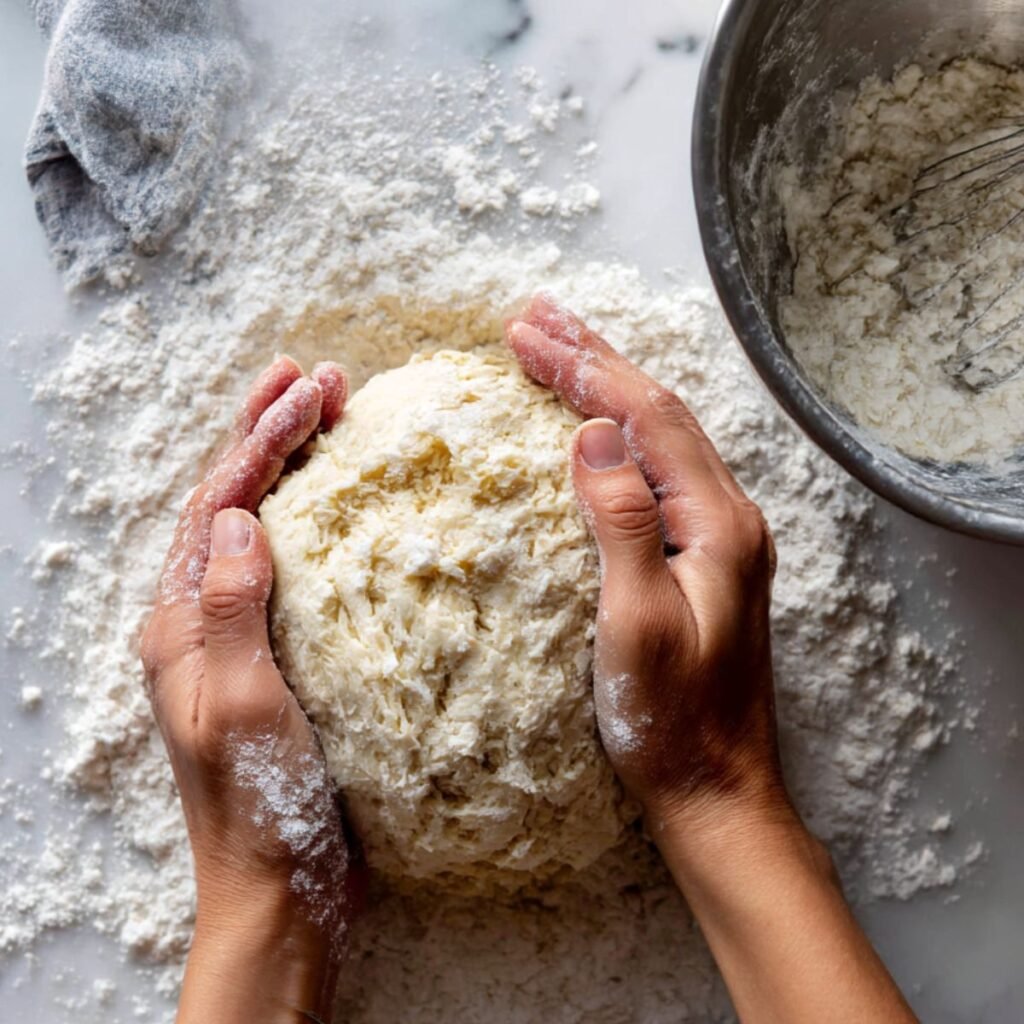 Hands kneading soft yeast dough on a floured marble counter to prepare hot cocoa cinnamon rolls.