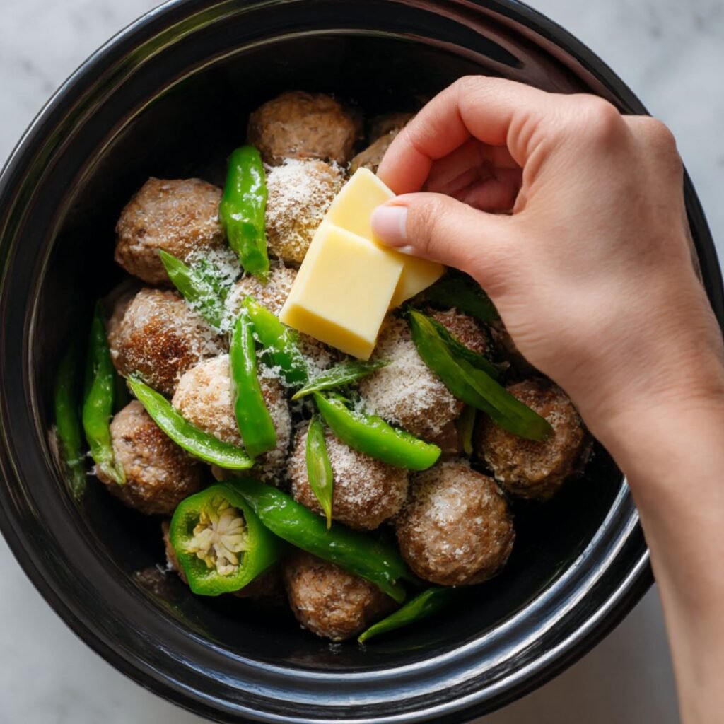 Placing slices of butter and whole pepperoncini peppers over seasoned frozen meatballs in a slow cooker before cooking.