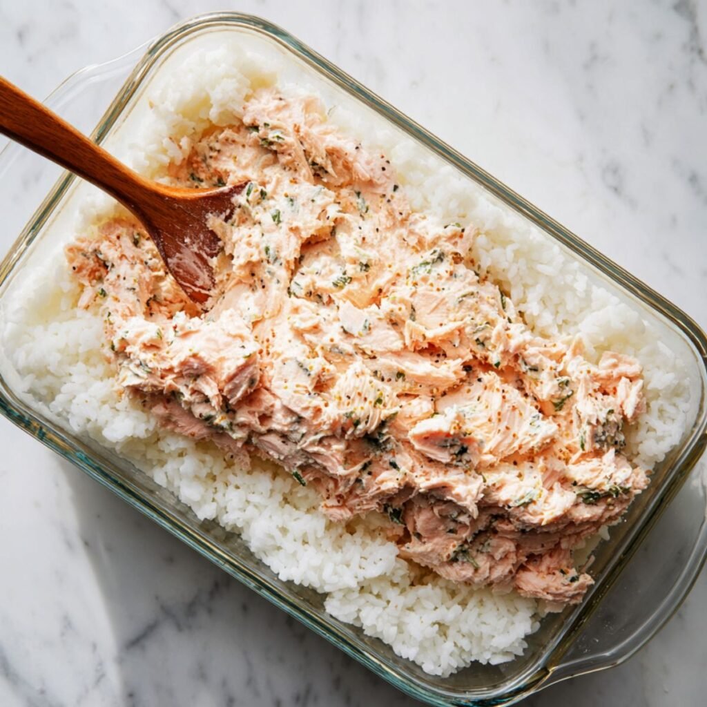 Spreading creamy salmon and cream cheese mixture over sushi rice in a baking dish.