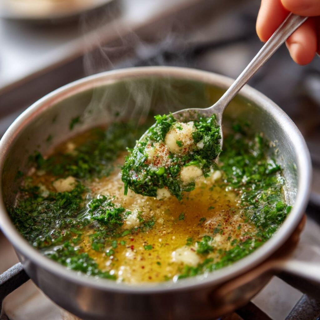 Stirring minced garlic, fresh parsley, and seasonings into melted butter in a small saucepan to make garlic bread topping.