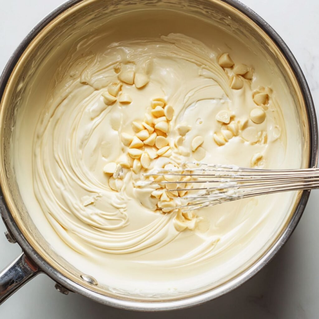 White chocolate chips melting into hot milk in a saucepan.