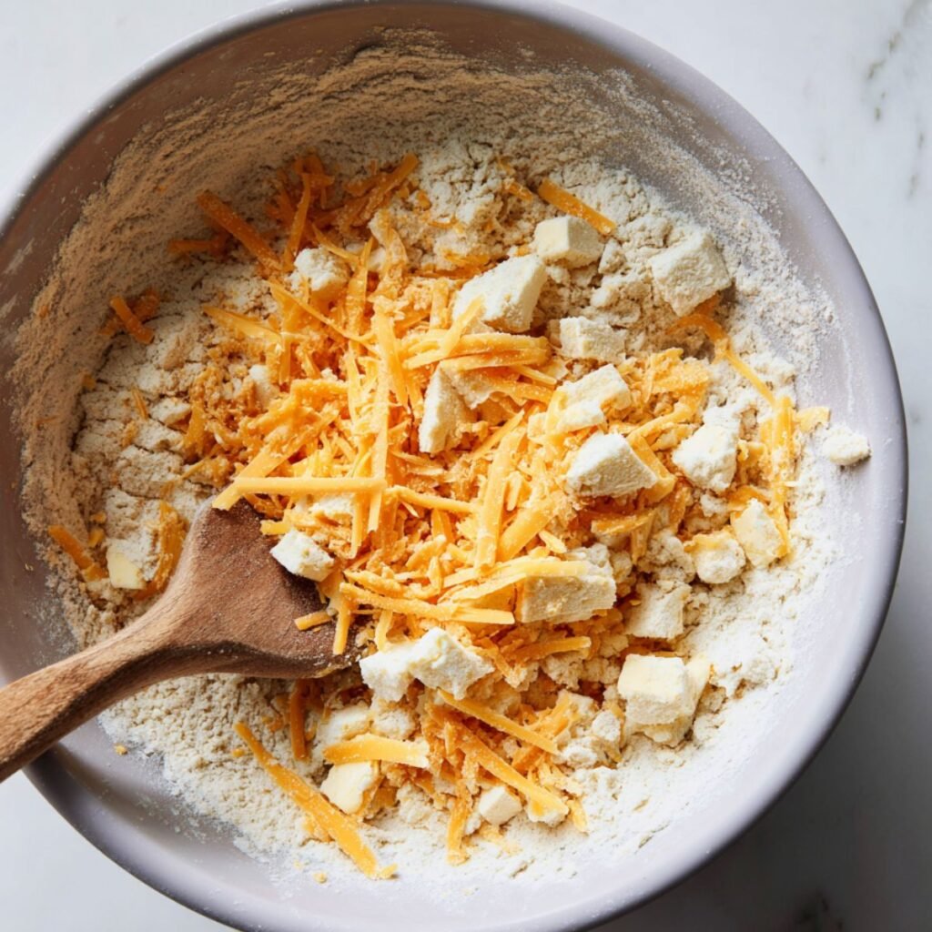 Mixing bowl with flour, cold butter cubes, and shredded cheddar cheese for biscuit dough.