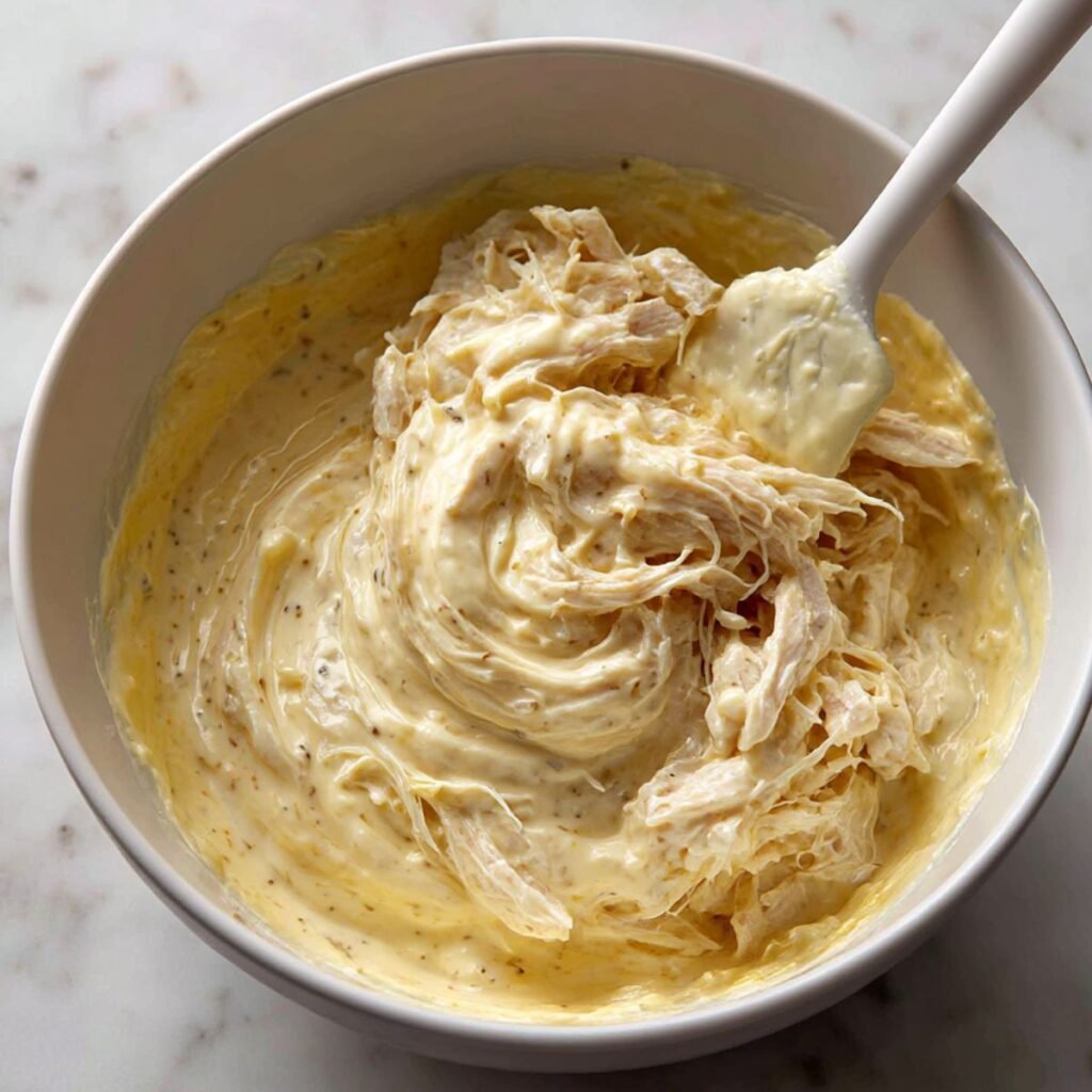 Shredded chicken being folded into a thick creamy sauce with a spatula in a mixing bowl.
