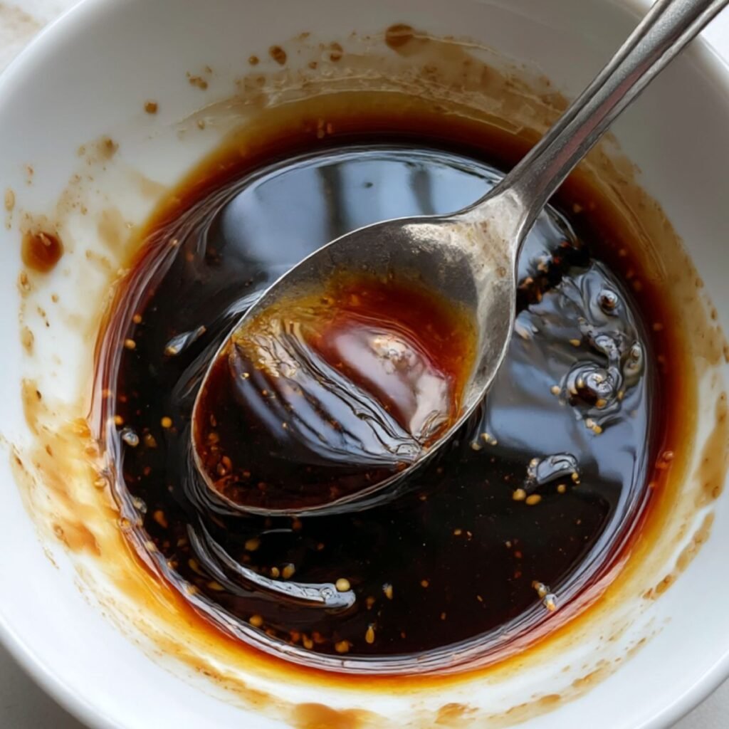 Lo mein sauce being mixed in a bowl for chicken lo mein.