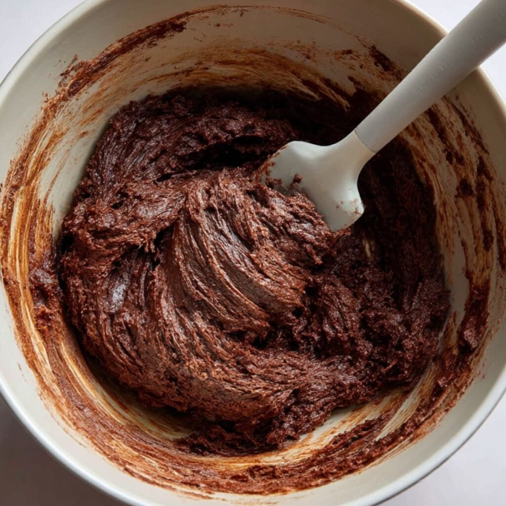 Mixing thick chocolate cookie dough in a bowl for chocolate marshmallow swirl cookies.