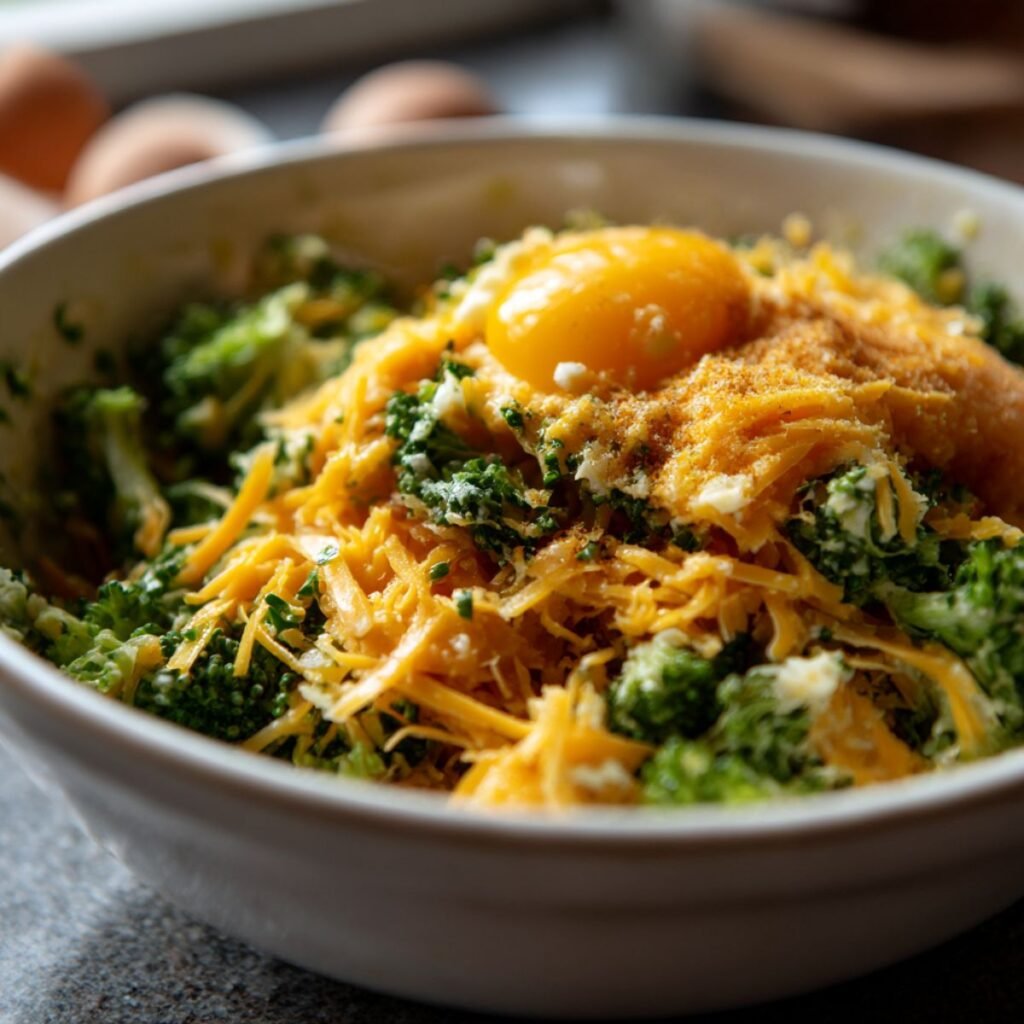 Finely chopped broccoli florets being mixed with shredded cheddar cheese and eggs in a bowl.