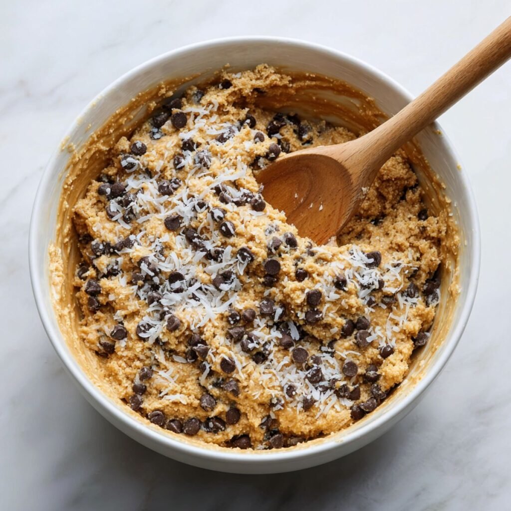 Mixing bowl containing sticky dough of coconut, graham crumbs, and chocolate chips.