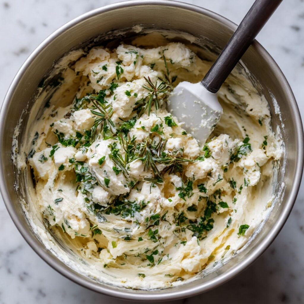 A bowl containing cream cheese, crumbled feta, and chopped herbs being mixed with a spatula.