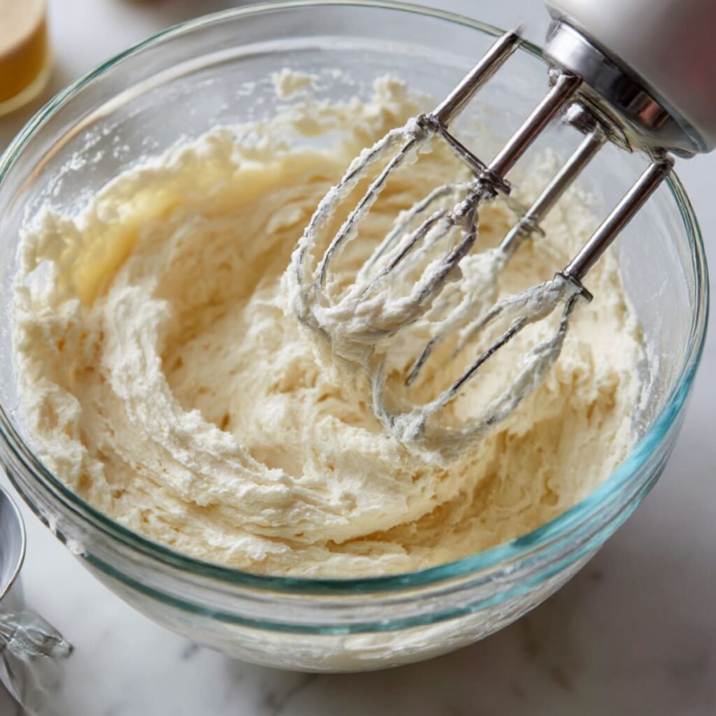 An electric hand mixer beating cream cheese and powdered sugar in a glass bowl to create a fluffy lasagna filling on a marble counter.